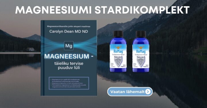 Magneesiumi stardikomplekt – Carolyn Deani magneesiumi raamat ja kaks ReMag pudelit järve taustal.